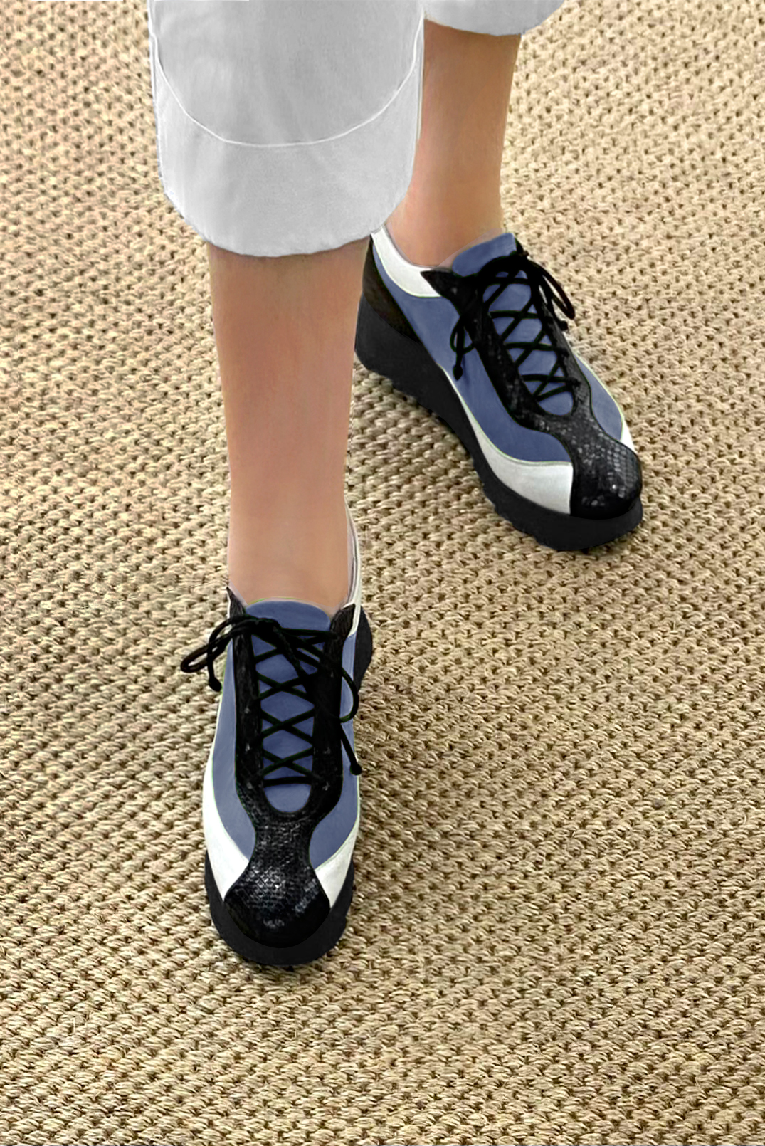 Satin black, denim blue and off white women's elegant sneakers. Round toe. Low rubber soles. Worn view - Florence KOOIJMAN